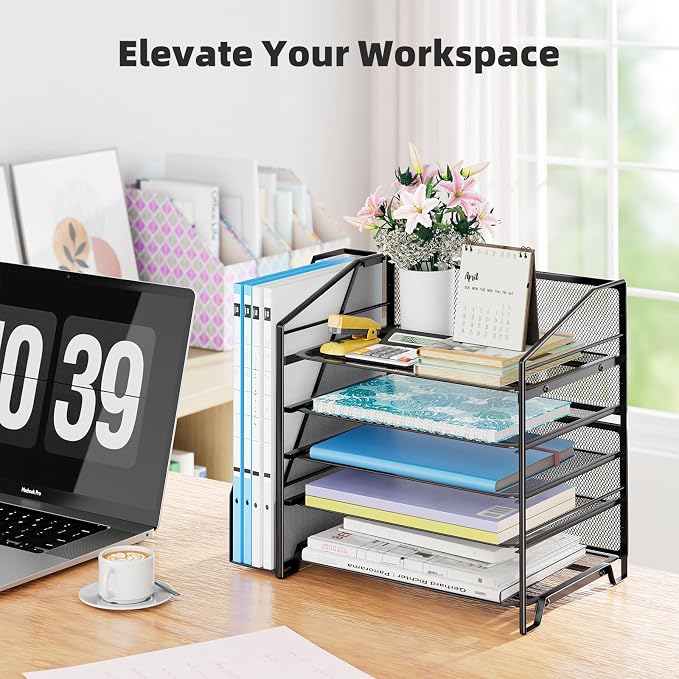 Simple Trending 5-Tier Desk File Organizer, Paper Organizer, Black | Adjustable Letter Trays, Side File Shelf, Durable Steel Mesh, Space Saving, for Home Office, 15.4"L x 9"W x 13"H - Image 4