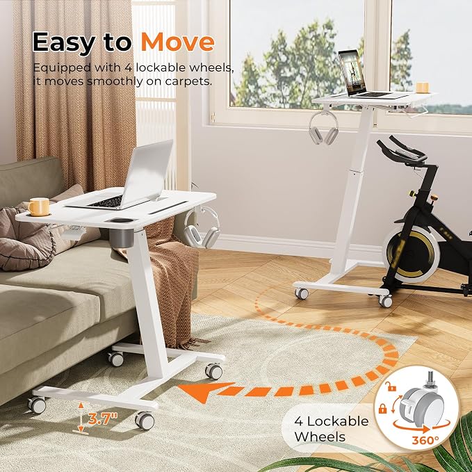 JOY worker Mobile Standing Desk for Treadmill, 31.5" Small Walking Pad Desk | Pneumatic Height Adjustable, 40° Foldable White Rolling Sit-Stand Table on Wheels, Cup Holder & Towel Rack, for Home Office - Image 6
