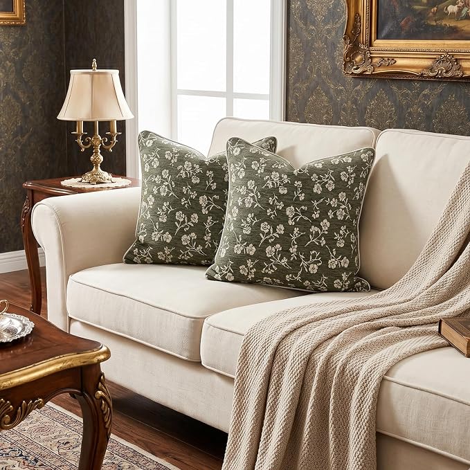 18x18 Chenille Jacquard Throw Pillow Cover, Olive Green Vintage Floral Cushion Case with Piped Edges, Decorative Accent for Sofa, Couch & Bed, 2 Pack - Image 2