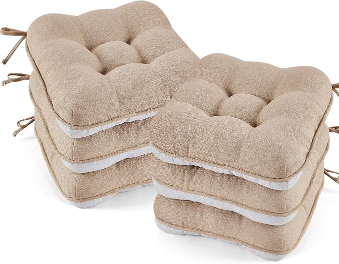 BETU Chair Cushions for Dining Chairs Set of 6,Kitchen Table Chair Pads with Ties,Non Slip Backing and Covers, Seat Cushion for Dining Room,Bar,Patio Chairs,15.5"X15.5"X3.5" by BETU