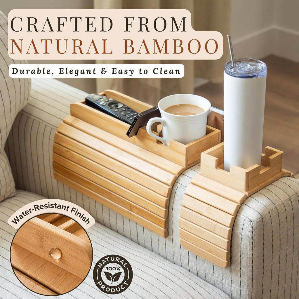 Bamboo Couch Armrest Table, Sofa Arm Tray, Cup Holder & Snack Tray - Image 6