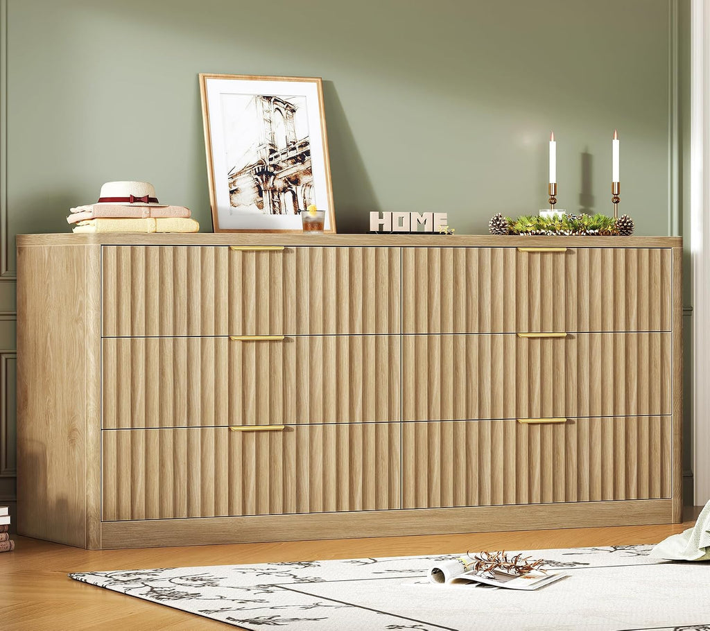 56.3'' Dresser for Bedroom with 6 Drawers, Dressers & Chest of Drawers with Curved Profile Design, 6 Drawer Dresser, Fluted Dressers, Wood Dressers for Bedroom, Living Room, Natural by TEENFON
