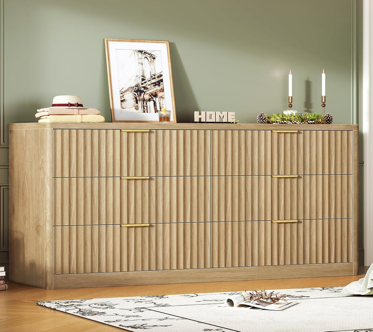 56.3'' Dresser for Bedroom with 6 Drawers, Dressers & Chest of Drawers with Curved Profile Design, 6 Drawer Dresser, Fluted Dressers, Wood Dressers for Bedroom, Living Room, Natural by TEENFON