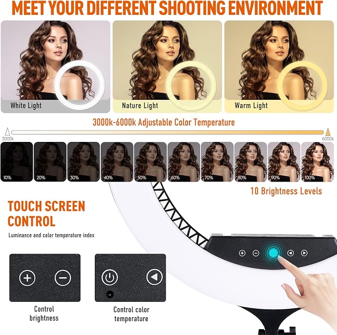 GWO 21 inch LED Ring Light with Tripod Stand 6000K Dimmable Makeup Selfie Light with Touch Panel Phone Holders for YouTube Vlog Video Shooting Include Carrying Bag and Remote Control CRI>90 - Image 2