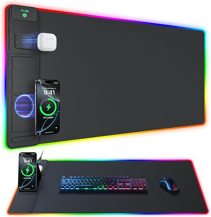 Wireless Charging Mouse Pad with Phone Stand, 31.5"x15.8" Large | Gaming Mousepad RGB Desk Mat, Smooth Glide, Stitched Edge, Non-Slip Rubber Base, Waterproof Keyboard Mat, No Adatper by abcmat