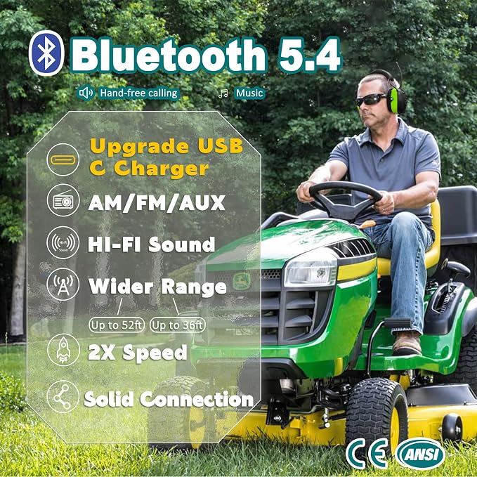 PROHEAR 033 2Pack Bluetooth 5.4 Hearing Protection AM FM Radio Headphones, Upgraded Noise Reduction Safety Earmuffs with Rechargeable 1500 mAH Battery, Ear Protector for Mowing Lawn Work, 2Green - Image 2