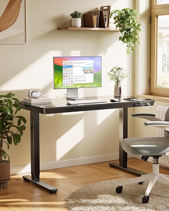 Marsail Glass Standing Desk with Drawer, 48 x 24 inch Electric Standing Desk, Height Adjustable Desk with One-Piece Tabletop & USB Charging Ports, Sit Stand Desk with Storage for Home & Office Black - Image 2