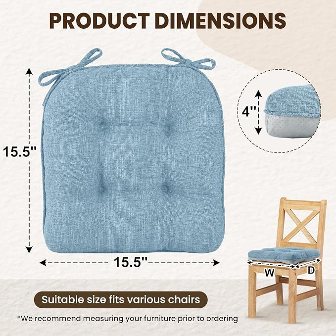 downluxe Indoor Chair Cushions for Dining Chairs, Tufted Overstuffed Textured Kitchen Chair Pads with Ties and Non-Slip Backing, 15.5" x 15.5" x 4", Light Blue, 4 Pack - Image 2