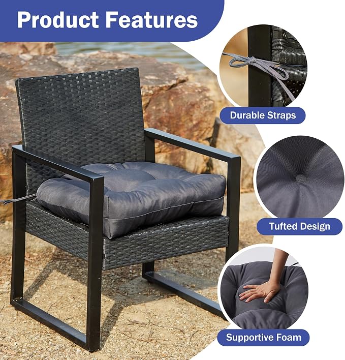 IPYNBAP Outdoor Chair Cushions Set of 2, Patio Chair Cushions with Ties, 17x17+4” Tufted Outdoor Seat Cushions, Waterproof Patio Furniture Cushions, Outdoor Dining Chair Pads, Dark Grey (Pack of 2) - Image 5