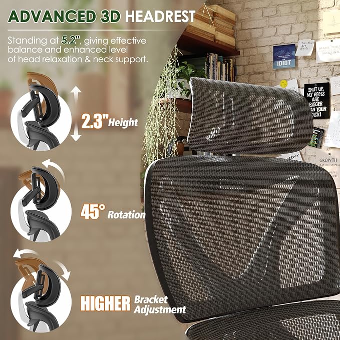 Ergonomic Office Chair, Big and Tall Mesh Chair with Lumbar Support, 3D armrest - 215° Rotation, Adjustable Headrest & Soft Seat, Durable Desk Chair 350LBS for Work Gaming Computer,Grey - Image 4
