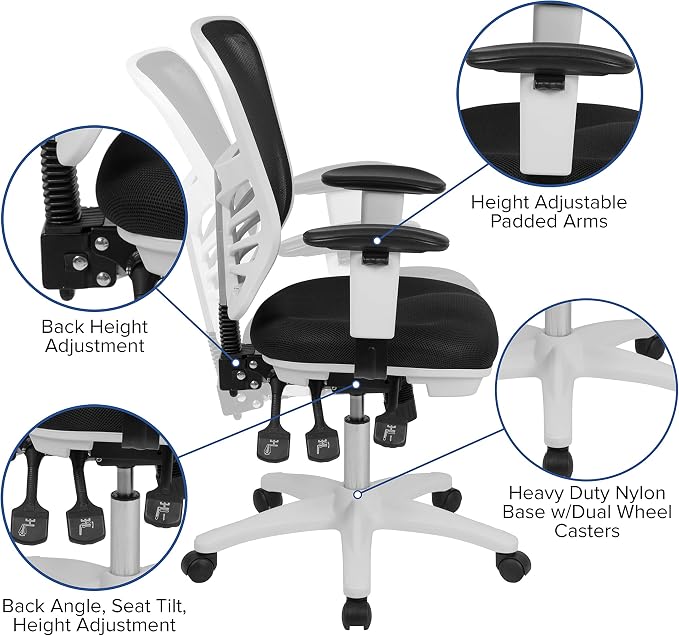 Flash Furniture Mid-Back Black Mesh Multifunction Executive Swivel Ergonomic Office Chair with Adjustable Arms and White Frame | Adjustable Armrests, 360° Swivel, Height Adjustable, Commercial Grade - Image 4