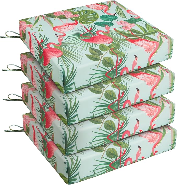 Outdoor Chair Cushions, Set of 4, 24"*24"*4", Water Resistant, Flamingos by UNIKOME