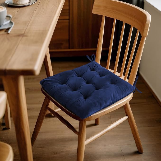 ELFJOY Set of 4 Square Chair Pads Indoor Seat Cushions Pillows with Ties Thick Soft Seat Cushion for Kitchen Dining Office Chair (18.8", Navy) - Image 7