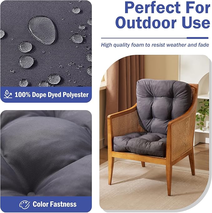 IPYNBAP Outdoor Chair Cushions Set of 2, Patio Chair Cushions with Ties,19x19+5” Tufted Outdoor Seat Cushions, Waterproof Patio Furniture Cushions, Outdoor Dining Chair Pads, Dark Grey - Image 2