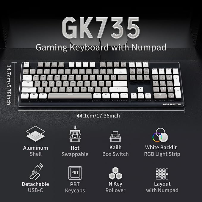 Hexgears GK735 Wired Full Size Mechanical Keyboard, Aluminum Housing Built for Gamers w/Kailh Box White Switch, White Backlit + Surrounded by RGB Light Strip, 104 Keys Gaming Keyboard for PC/Mac - Image 2