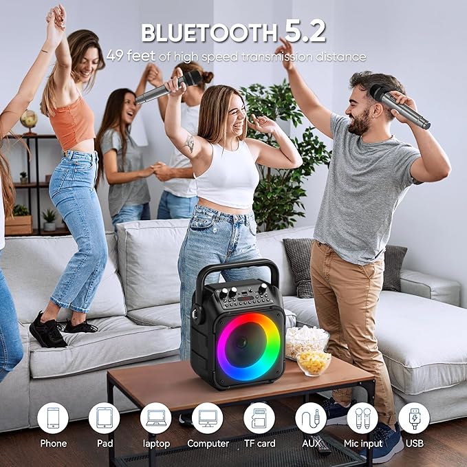 Karaoke Machine, 3 Wireless Microphones, Bluetooth Speaker with Lights | Clear Sound, 5 Light Modes, PA System, Bluetooth TWS, USB/TF/REC/FM/AUX, for Adults and Kids, Home Parties and Outdoor Events - Image 3