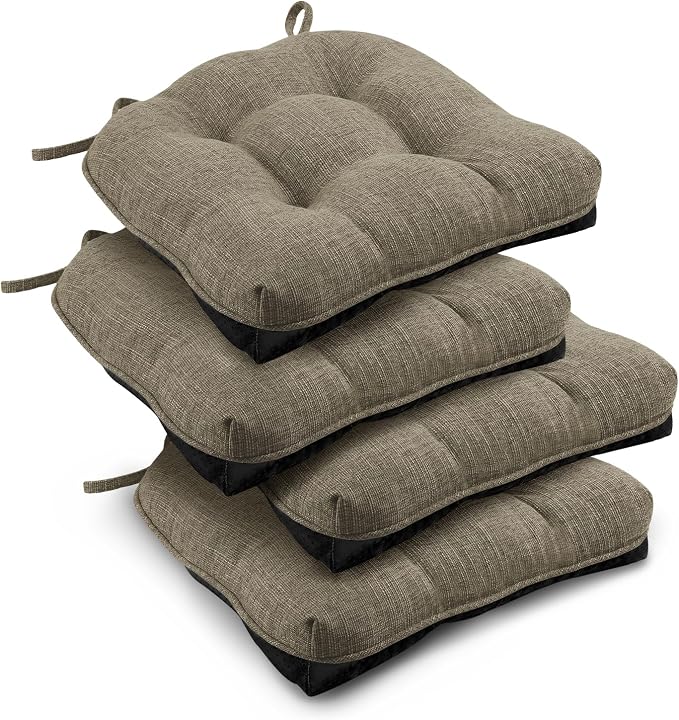 downluxe Indoor Chair Cushions for Dining Chairs, Tufted Overstuffed Textured Memory Foam Kitchen Chair Pads with Ties and Non-Slip Backing, 15.5" x 15.5" x 4", Khaki, 4 Pack by Downluxe