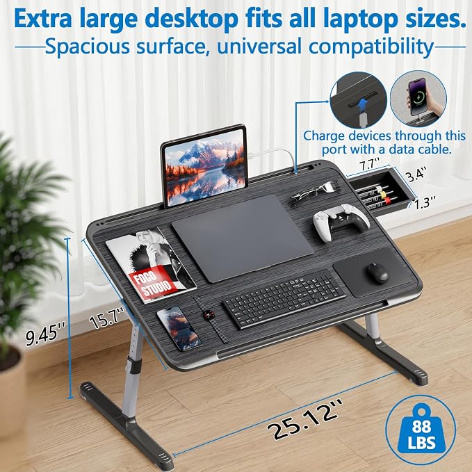 Potuopy Adjustable Lap Desk, Large Smooth Easy-Clean Wood Grain Desktop, Foldable Laptop Bed Tray Table with Storage Drawer, Portable Laptop Stand Fits 17" Laptop for Bed Couch Floor (Striped) - Image 2