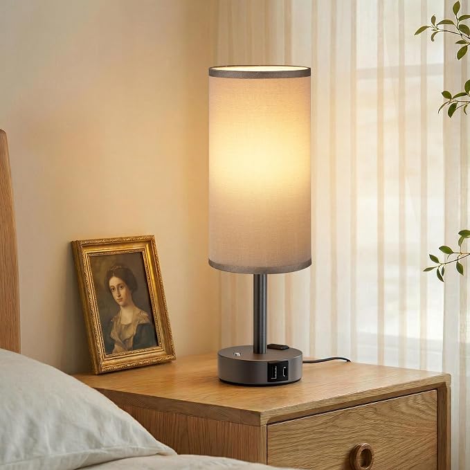 Grey Touch Bedside Lamp for Bedroom, Stepless Dimmable, USB A+C, AC Outlet | Base Touch Button Only, Memory Brightness, Ultra-dim Night Light, Included Bulb for Optimal Dimming, Grey Fabric Shade, Desk - Image 7
