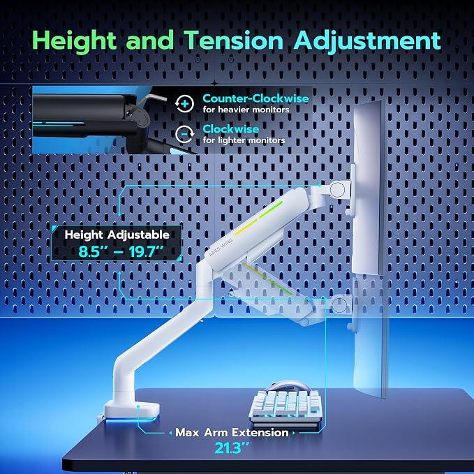ARES WING Ultrawide Monitor arm with RGB for 17-49 Inch Screen, White | Heavy Duty Gas Spring Single Monitor Arm, Adjustable Gaming Computer Monitor Arm for Desk up to 44lbs - Image 7
