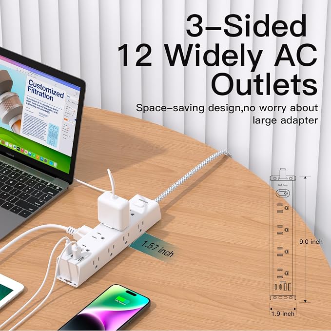 Power Strip Surge Protector with 12 AC Outlets 4 USB, 5FT Extension Cord | Flat Plug Wall Mount, 1050J Overload Protection, Desk Charging Station for Home Dorm Room Office Essentials, ETL Listed - Image 6