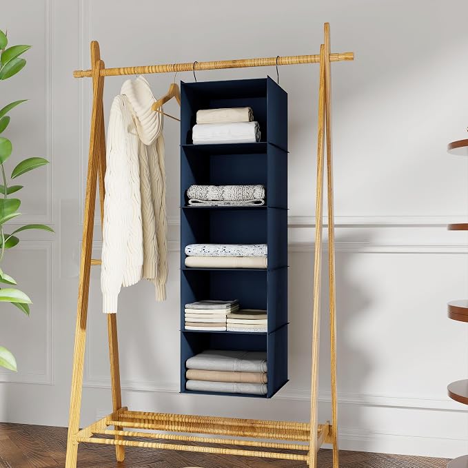 Hanging Closet Organizer 5-Shelf, Oxford Fabric Wardrobe Storage, Navy Blue | Easy-mount foldable design holds clothes, handbags, shoes & accessories; washable Oxford fabric, sturdy and space-saving. - Image 2