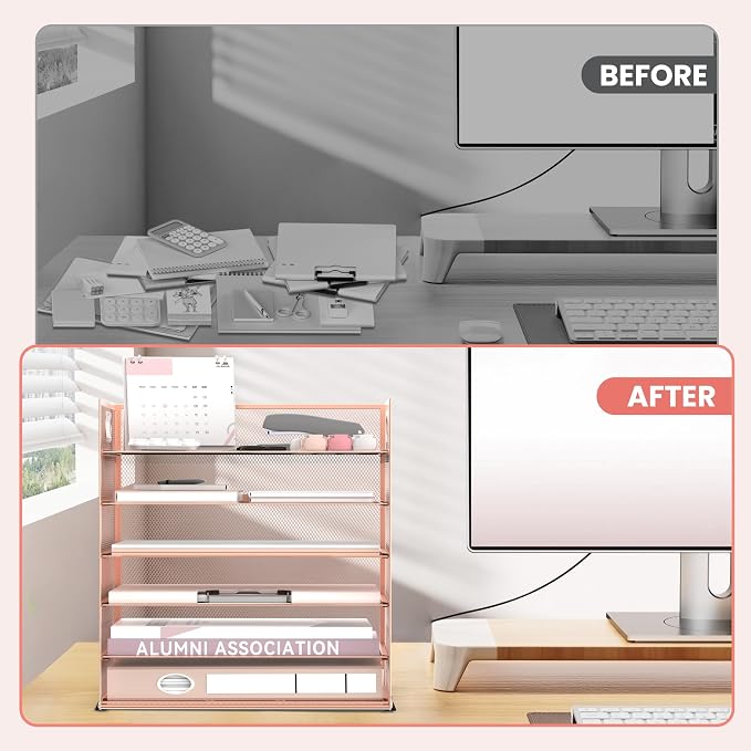 Daltack 6-Tier Paper Organizer for Desk with Handle, Rose Gold | Sturdy Metal Mesh Organizer with Movable Middle Trays and a Carry Handle for Papers, Folders and Office Supplies - Image 7