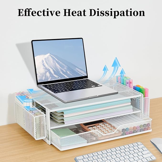 AUPSEN Computer Monitor Stands Riser，2-Tier Desk Organizers and Accessories, Office Desk Accessories Organizer with Drawers and 2 Pen Holder for Office Supplies (White) - Image 6