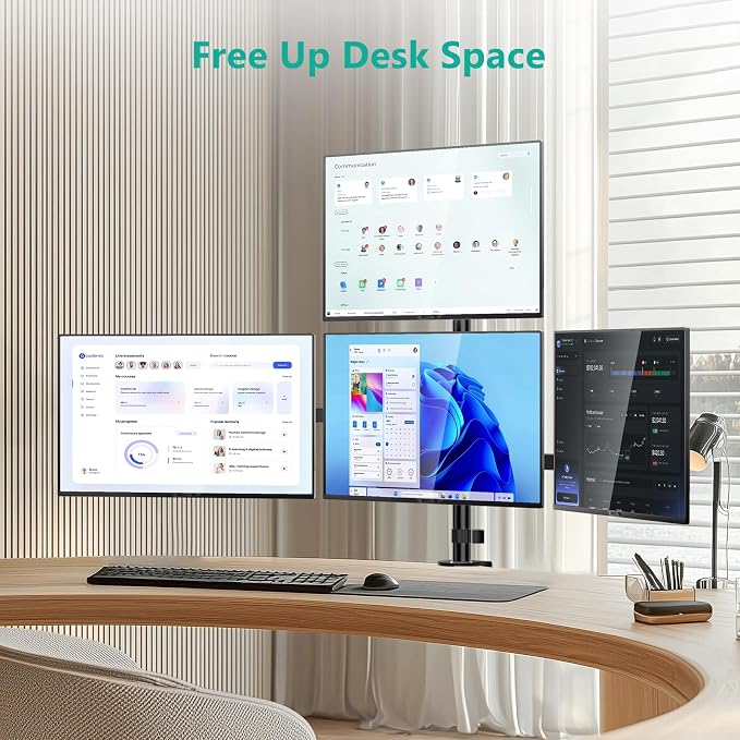 WALI Stacked 4 Monitor Mount for 13-27 inch Screens, up to 22 lbs per Arm | Quad Monitor Stand for Desk, Full Motion with Tilt, Swivel, Rotation, C-Clamp & Grommet Base, VESA 75/100mm (M004S), Black - Image 3