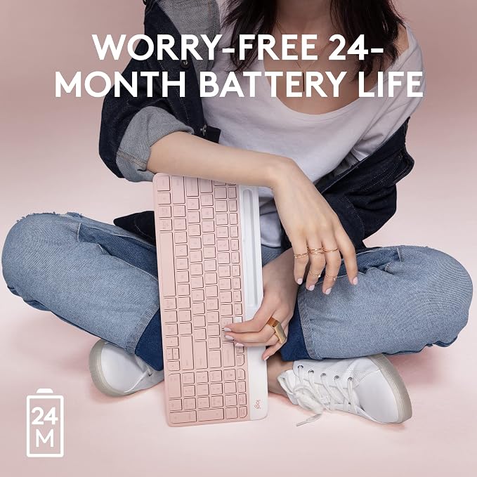 Logitech K585 Slim Wireless Keyboard with Built-in Phone Cradle - Rose | Bluetooth with included USB receiver, connects 2 devices, cradle can hold smartphone or tablet up to 10 in. in landscape mode - Image 8