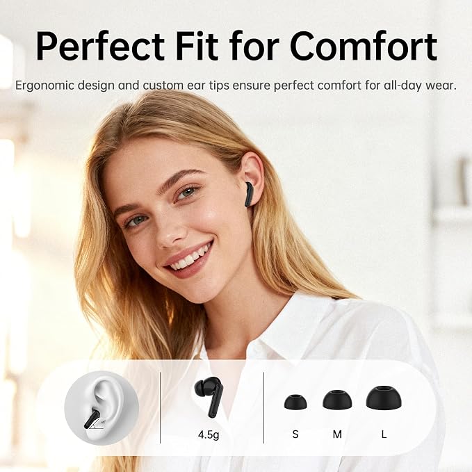 Adaptive Hybrid Active Noise Canceling 2026 Wireless Earbuds, 6 Mics ENC Clear Call Ear Buds, Hi-Res Audio Deep Bass Bluetooth 5.4 Headphones, 40H Playtime, Wireless Charging, LED, USB-C, Black - Image 7