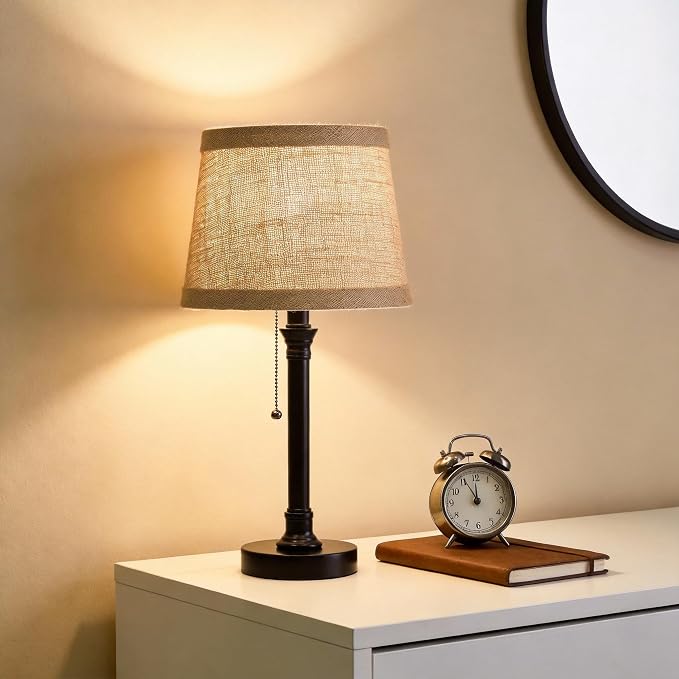19.5" Black Rustic Table Lamps Set of 2 for Living Room Bedroom | Pull Chain Switch Bedside Table Lamps, Farmhouse Nightstand Lamp with Natural Shade, Small Lamp for End Table & Desk Light - Image 7