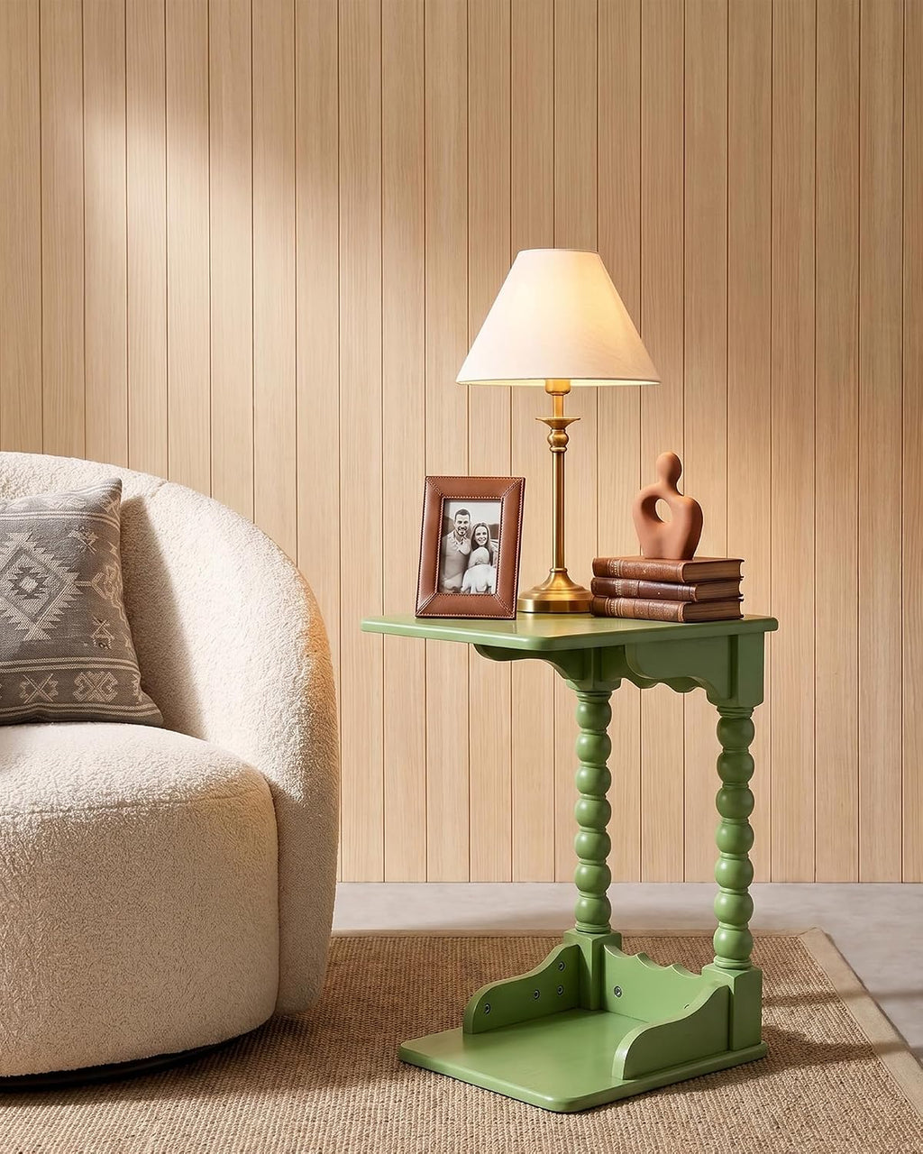 Vintage c Shaped end Table for Couch，100% Solid Wood C Table ，Green - Image 3