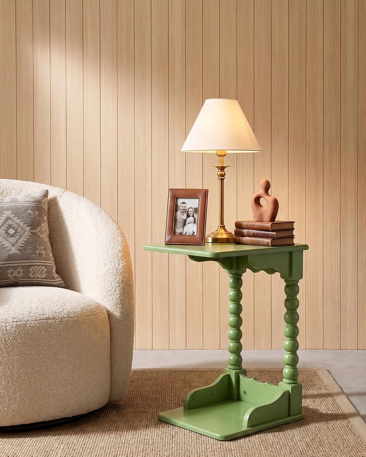 Vintage c Shaped end Table for Couch，100% Solid Wood C Table ，Green - Image 3