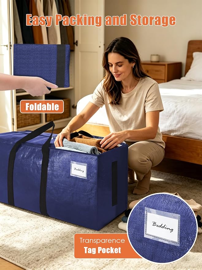 SWEET DOLPHIN 12 Pack 200LB Heavy-Duty Moving Bags with Wrap-Around Handles, Extra Large Storage Totes for Space Saving, Clothes Storage Bags, College Dorm Essentials, Blue, 24 Gal - Image 3
