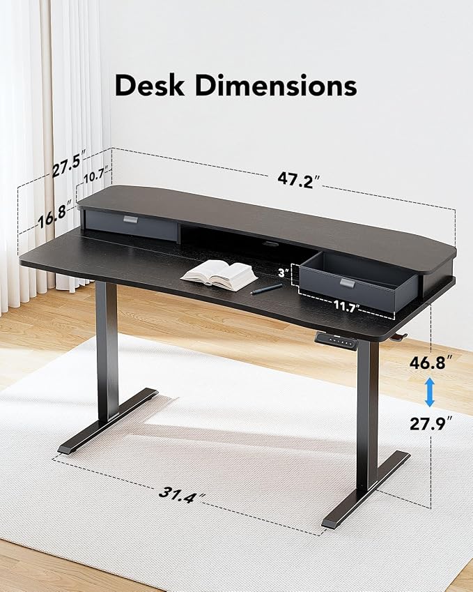 HUANUO 48″ x 28″ Electric Standing Desk with 2 Drawers, C-Clamp Mount Compatible, Height Adjustable Computer Desk, Home Office Stand Up Desk with 4 Preset Heights & 2 Hooks, Black - Image 3