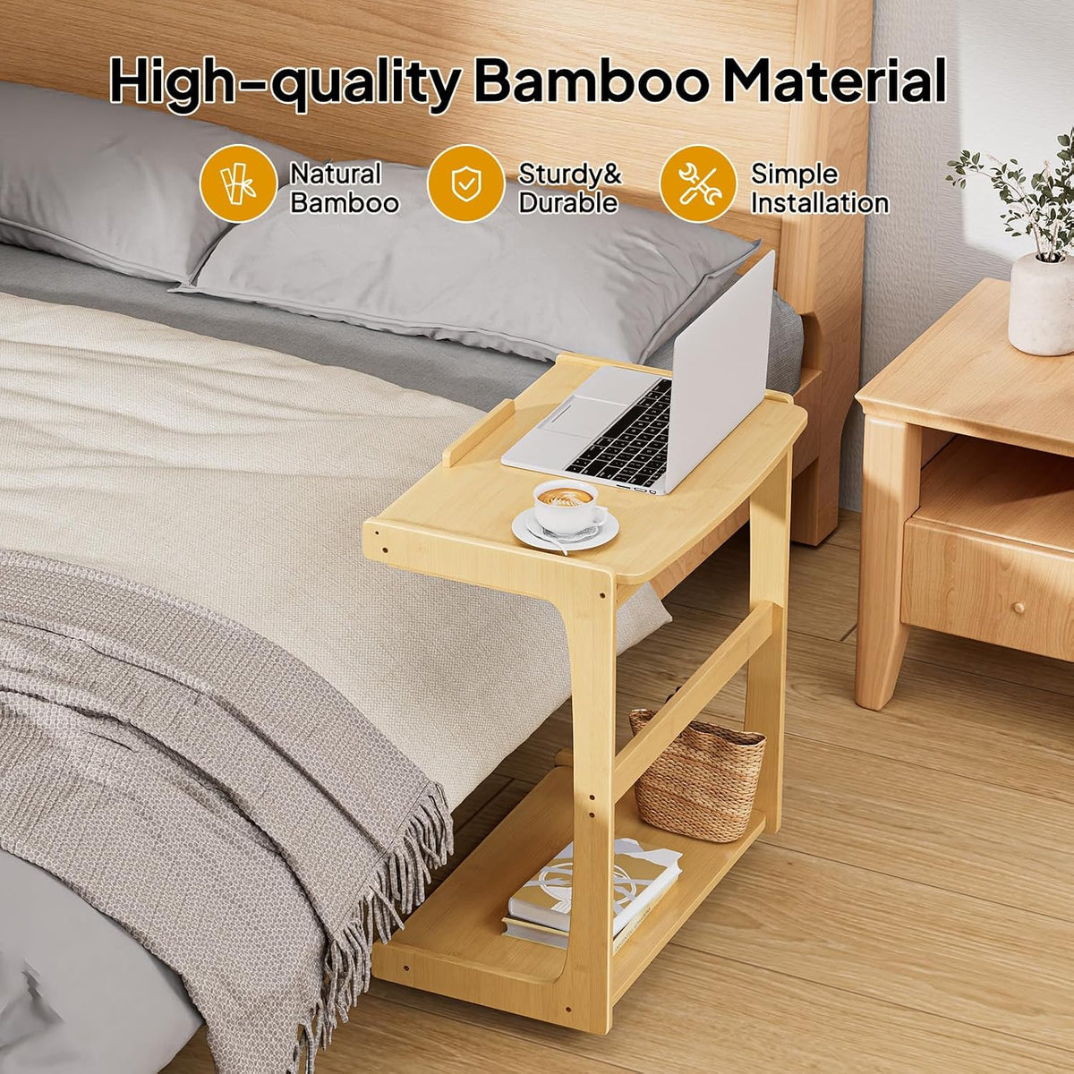 C Shaped Side Table, Rolling Bamboo End Table with Adjustable Tilt Top & Storage Shelf, Small Couch Table with Wheels for Living Room, Bedroom, Natural - Image 3