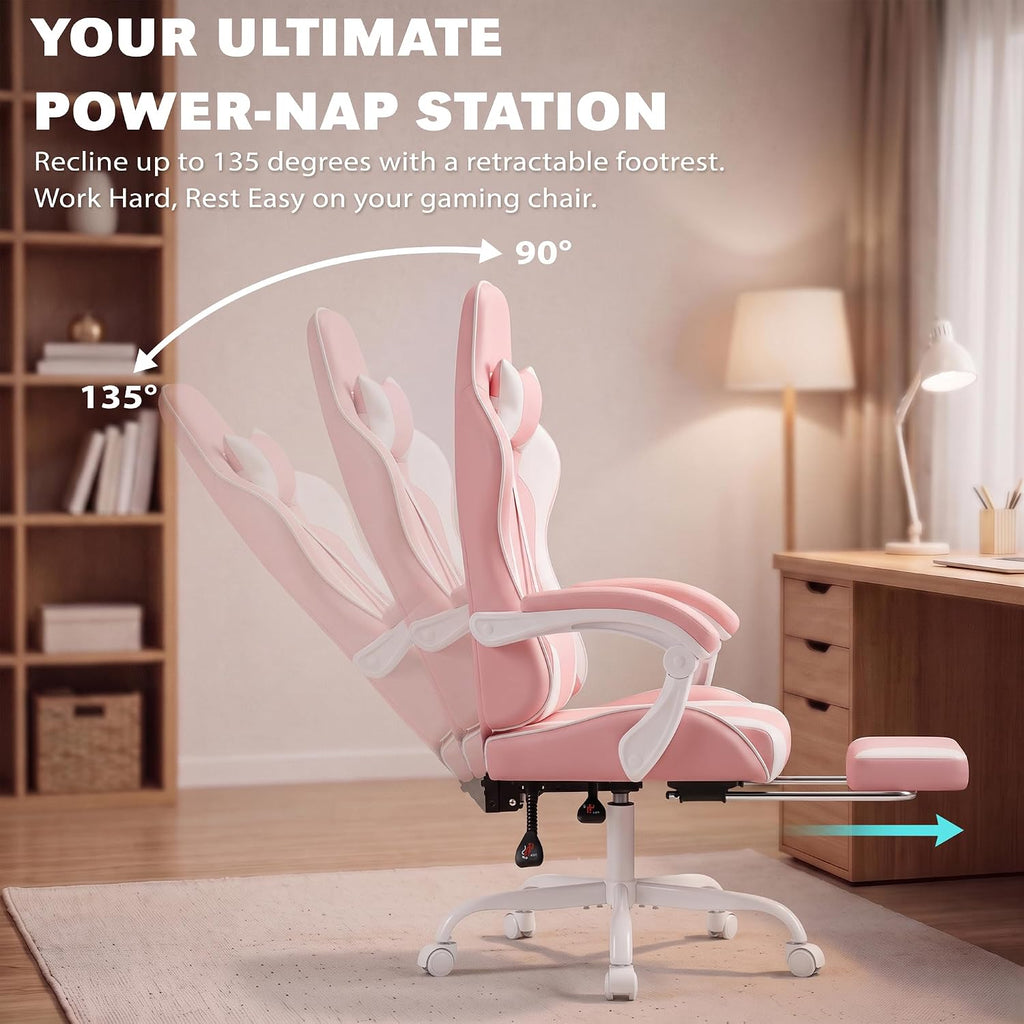 Homall Gaming Chair, Ergonomic, Footrest & Massage Lumbar Support, Pink - Image 7