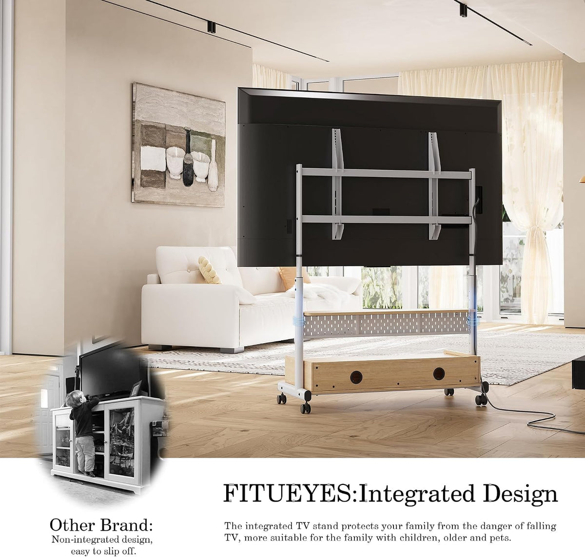 FITUEYES Rolling TV Stand for 70-100 Large TVs, Height-Adjustable, White - Image 6