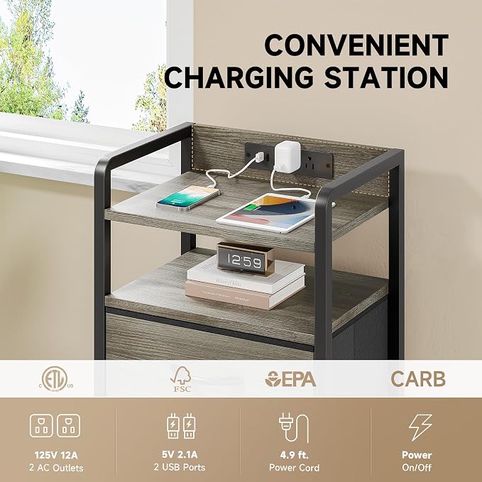 Lazzanto Nightstand with Rear Charging Station, LED Light, 3 Drawers, Grey | Industrial Nightstand, 2 USB-A Ports & AC Outlets, Raised Back Guard, Fabric Storage Drawers, Bedside Table for Bedroom, Dorm - Image 5