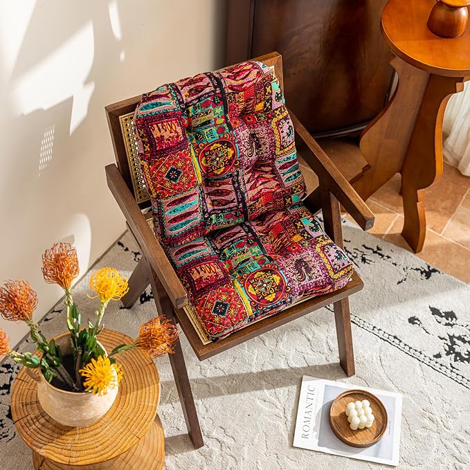 vctops Boho Chair Cushions with Ties Patchwork U-Shaped Soft Cozy Cotton Linen Chair Pads Non Slip Seat Cushions for Indoor Dining Room and Kitchen Chairs (Pink B,18"x18") - Image 5