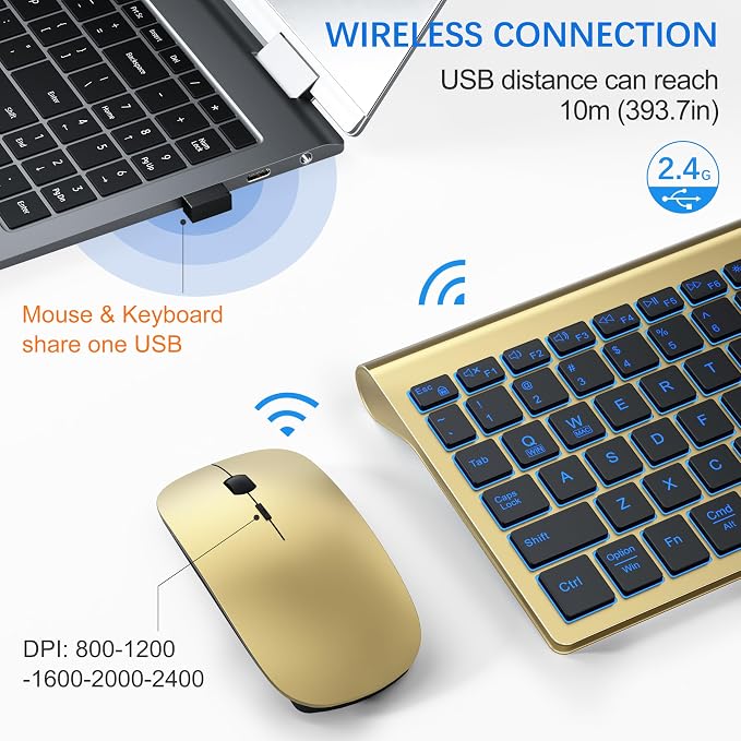 Wireless Backlit Keyboard and Mouse Ultra Slim Combo, TopMate - Gold Black | 2.4G Silent Compact 2400DPI Mouse and Scissor Switch Keyboard Set, Batteries Included, for PC/Laptop/Windows/Mac/Gaming - Image 4