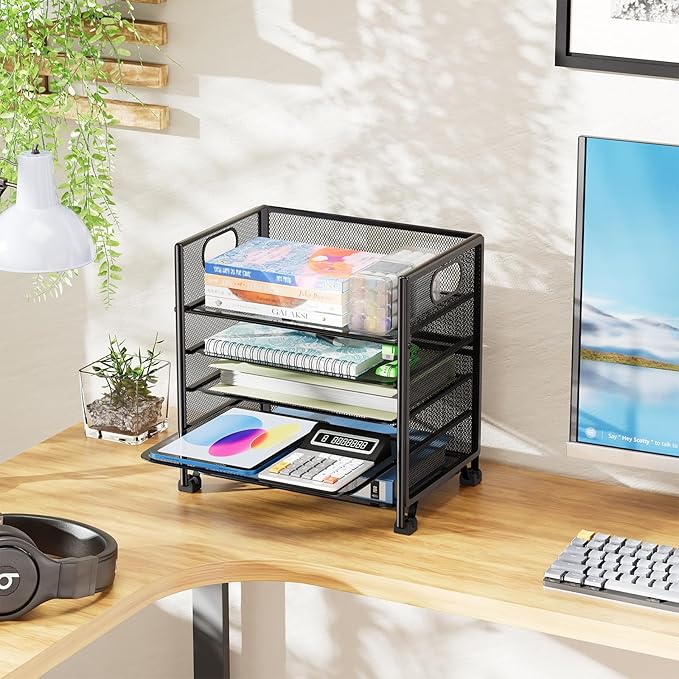 Simple Trending 5-Tier Paper Tray Organizer, File Organizer for Desk, Black | Letter Tray Holder with Handle. Sturdy Metal Frame. Non-slip Feet. Black for Office Home School. 13"L x 9"W x 13"H - Image 6