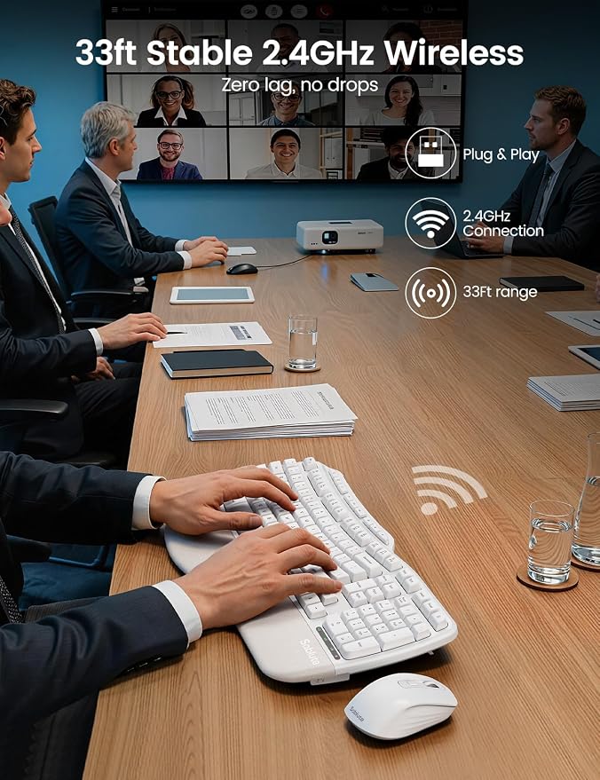 White Ergonomic Wireless Keyboard and Mouse Combo, 2.4G Full Size Ergo Wave Key Board with Cushioned Plam Rest, Natural Typing, 3 DPI Adjustable Silent Mouse for Computer/Laptop/Windows/Mac - Sablute - Image 6