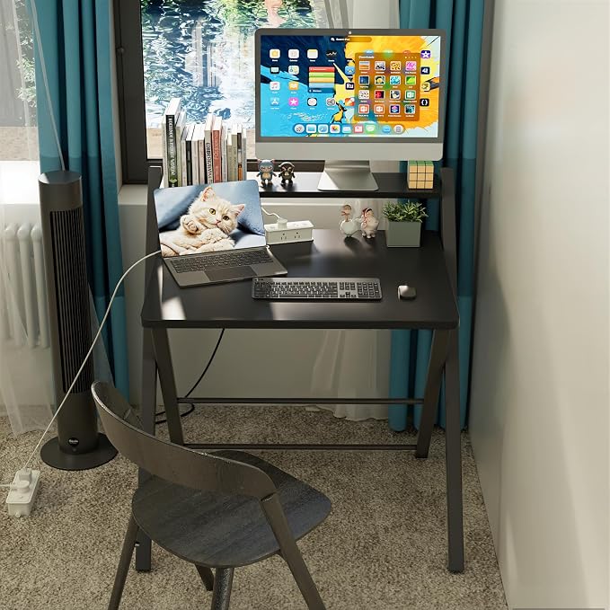 GreenForest Folding Desk No Assembly, Sturdy Computer Desk for Small Spaces | Portable Foldable Table for Laptop, 2-Tier Compact with Shelf, Space Saving for Home Office, Dorm, Apartment, 27"x 22" Black - Image 2