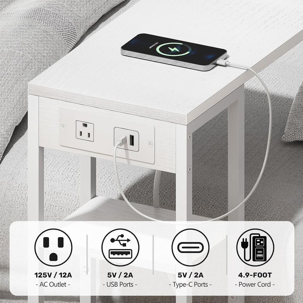 C Shaped End Table with Charging Station, Small Side Table for Couch Recliner, Slide Under Sofa Desk Snack Tables with Storage Bag & AC / USB Outlet, Small Spaces Drink Tables for Living Room, Bedroom - Image 6