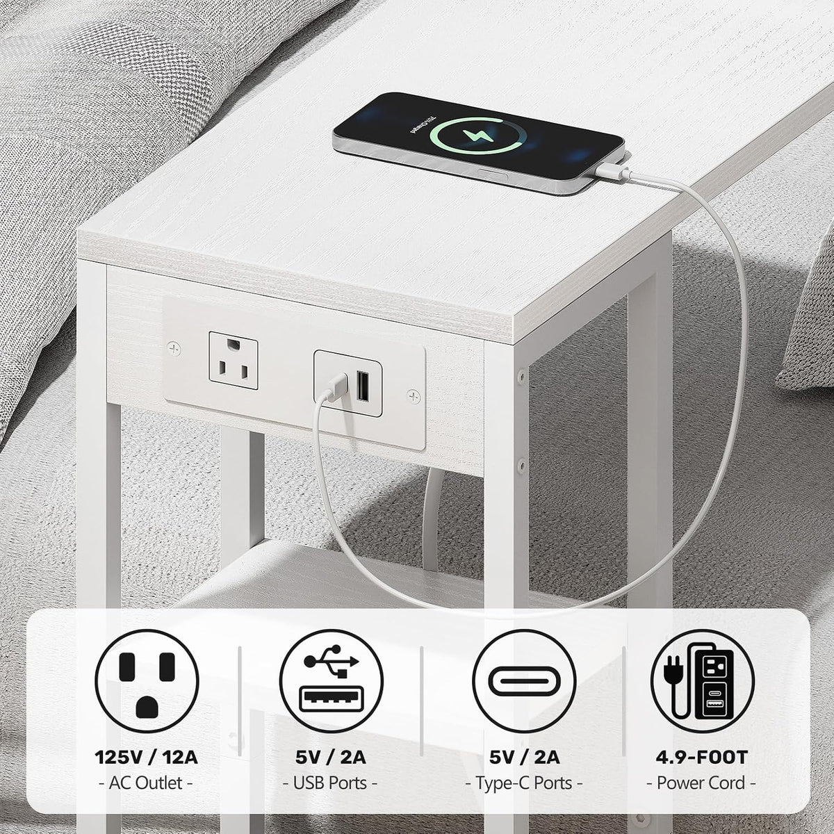 C Shaped End Table with Charging Station, Small Side Table for Couch Recliner, Slide Under Sofa Desk Snack Tables with Storage Bag & AC / USB Outlet, Small Spaces Drink Tables for Living Room, Bedroom - Image 6