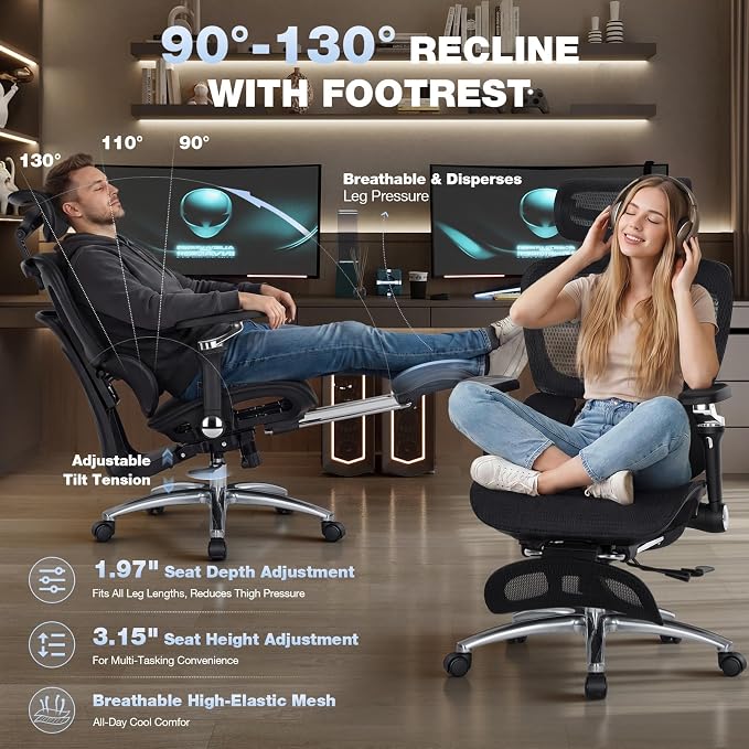 MALOL Ergonomic Office Chair, 400lbs High Back Mesh Desk Chair with 6D Armrests, 3D Headrest, Adjustable Lumbar Support, Seat Depth Adjustment, Tilt Lock, Metal Base & PU Wheels, Black - Image 5