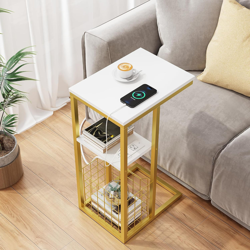 C Shaped End Table with Charging Station, Side Table for Couch, Small Side End Table for Small Spaces, 28" High Slide Under Sofa Table for Coffee, Tv Tray Table for Living Room, Golden - Image 5