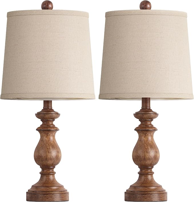 Traditional Table Lamp Set of 2, Rustic Farmhouse Table Lamps for Living Room Bedroom, 22" Bedside Desk Lamps Vintage Nightstand Lamps with Linen Shades, Wood Grain - Image 2